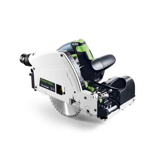 Festool TSV 60 KEBQ-Plus Vorritzer-Tauchsäge mit integriertem Diamant-Vorritzer und Sägeblatt, Seitenansicht.