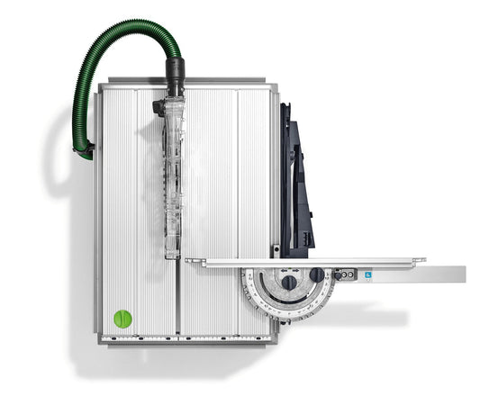 Festool Tischzugsäge PRECISIO CS 50 EBG mit grünem Absaugschlauch und Winkelanschlag, Draufsicht