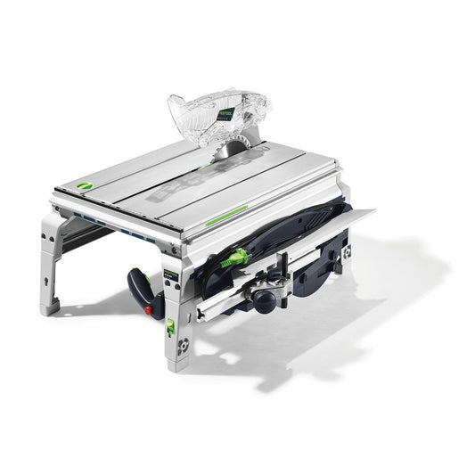 Festool Tischzugsäge PRECISIO CS 50 EBG-FLR mit Sägeblatt und Führungsschiene auf Arbeitstisch