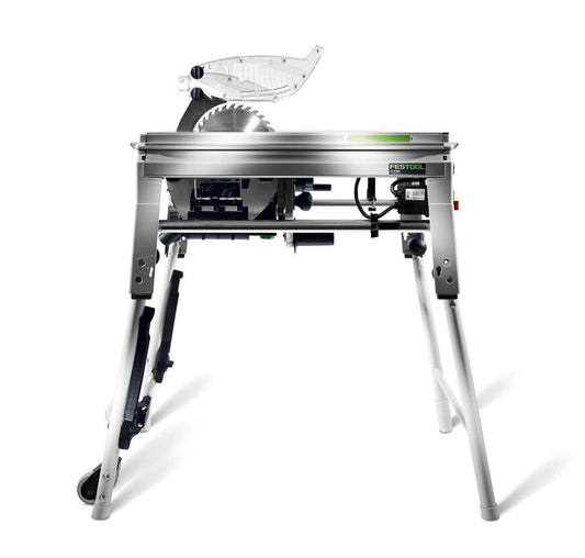 Festool PRECISIO CS 70 EBG Tischzugsäge mit Sägeblatt, Schutzhaube und Untergestell in Ausgangsposition