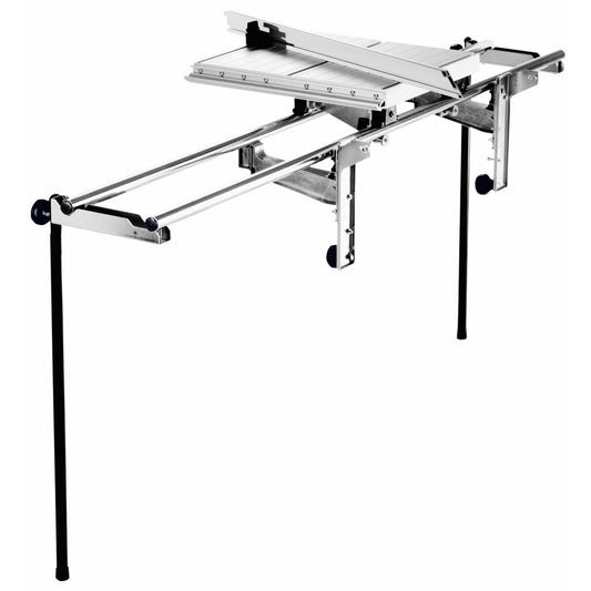Festool Schiebetisch CS 70 ST Tischzugsäge Zubehör mit Verlängerung und Rädern Seitenansicht.