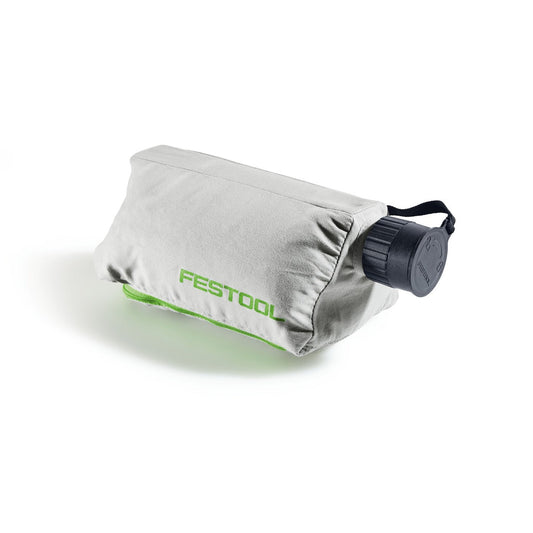 Festool Staubfangbeutel SB-CSC SYS mit grauem Stoffbeutel und schwarzem Anschlussadapter, Hauptansicht.