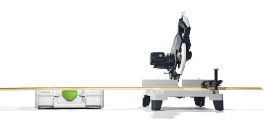 Festool Erhöhung EH-SYS-SYM 70 mit Leistensäge SYM 70 auf Systainer, Seitenansicht