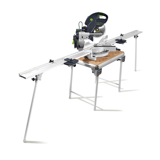 Festool KAPEX KS 120 REB-Set-MFT Kapp-Zugsäge auf Multifunktionstisch MFT montiert mit Führungsschiene und Werkstückauflage