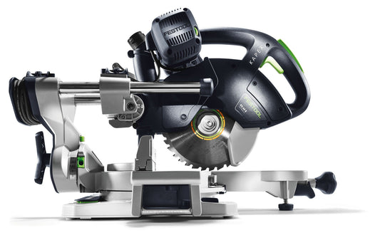 Festool KAPEX KS 60 E Kapp-Zugsäge mit Motor, Sägeblatt und Führungsstangen in Seitenansicht