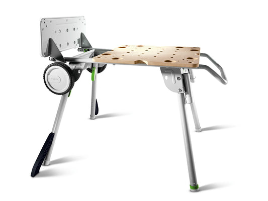 Festool Untergestell UG-CSC-SYS mit Arbeitsfläche, Lochmuster, Rädern und Klappbeinen in Ansicht.