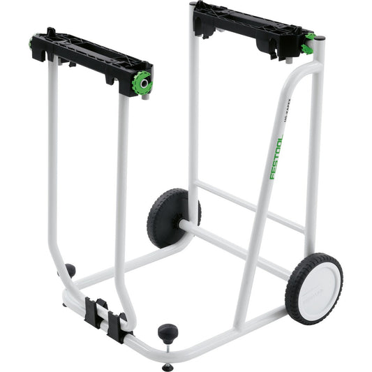 Festool Untergestell UG-KAPEX KS 120 mit Transportrollen und weißem Stahlrahmen, Vorder- und Seitenansicht