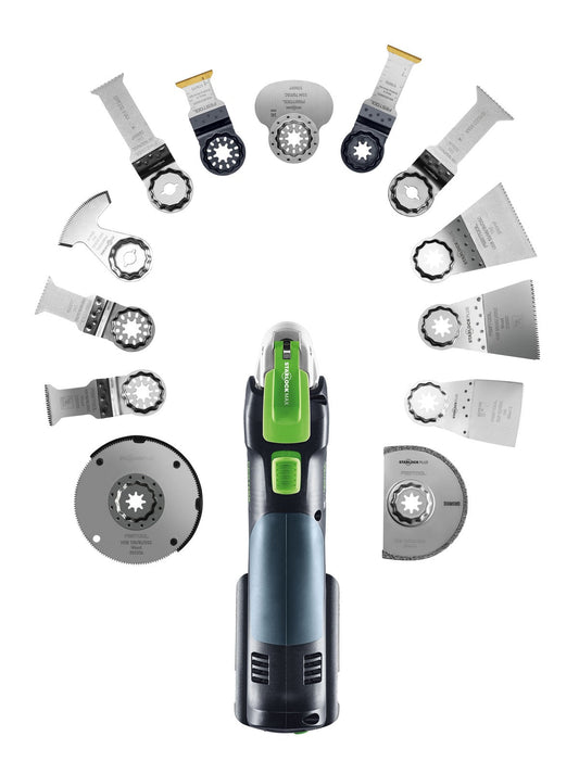 Festool OSC 18 Akku-Oszillierer mit Zubehörset Sägeblätter und Schleifteller in Kreisanordnung.