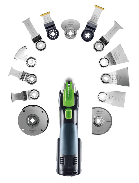 Festool OSC 18 Oszillierer mit Sägeblatt-Set und Zubehör im Lieferumfang-Überblick