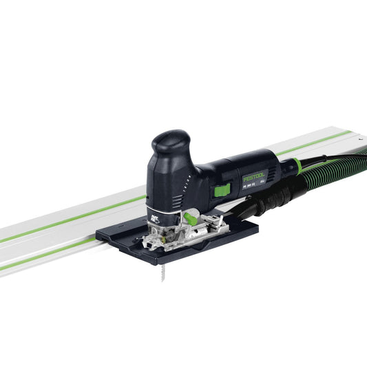 Festool Stichsägen-Führungsanschlag auf Führungsschiene montiert, werkzeuglose Befestigung