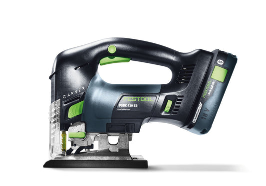 Festool CARVEX PSBC 420 EB Akku-Pendelstichsäge mit grünem Griff, EC-TEC Motor und Sägeblattführung, Seitenansicht