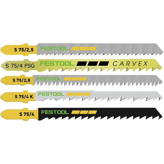 Festool Stichsägeblatt-Set STS-Sort/25 W mit 5 verschiedenen Sägeblättern in Gelb, Grün und Schwarz, Modelle S 75/2,5 bis S