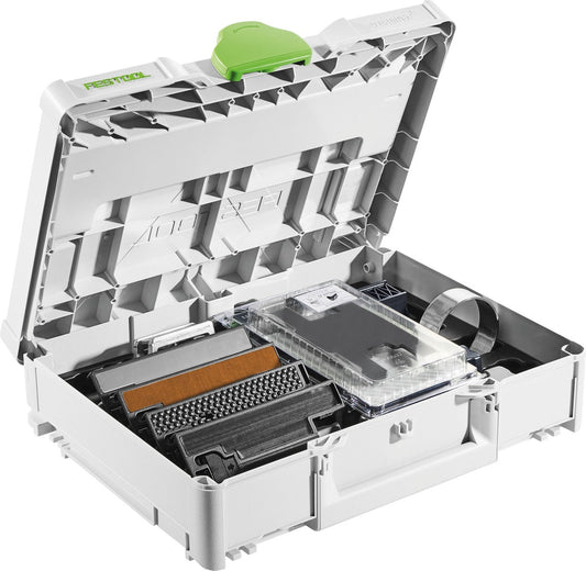 Festool Systainer ZH-SYS-PS 420 geöffnet mit Stichsäge-Zubehör, Laufsohlen, Kreisschneider und Winkeltisch