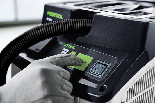 Festool Absaugmobil CLEANTEC CT 15 Touch-Bedienung mit grünem Saugkraftregler und Absaugschlauch.