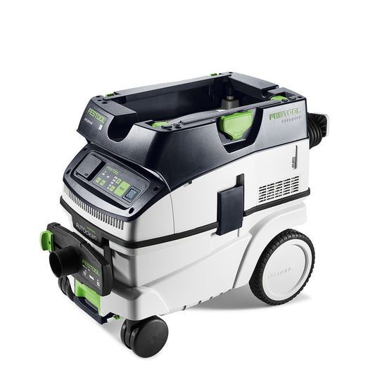 Festool CLEANTEC CTL 26 EI Absaugmobil mit AUTOCLEAN, Staubklasse L, weiß-grün-schwarze Ausführung, Ansicht von vorne.