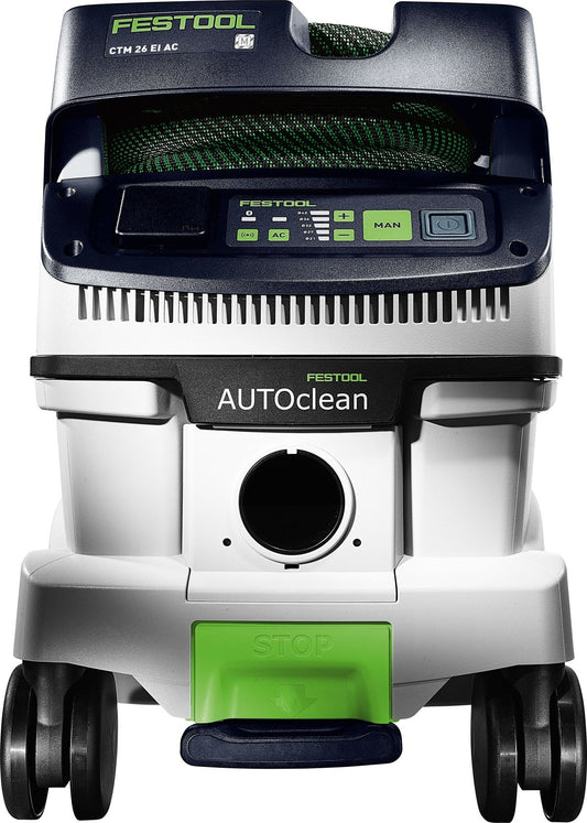 Festool CTM 26 EI AC Absaugmobil mit AUTOCLEAN Filterabreinigung, Frontansicht mit Bedienfeld und grünem STOP-Schalter
