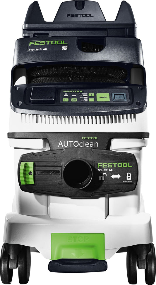 Festool Absaugmobil CTM 36 EI AC-PLANEX Übersicht mit AUTOCLEAN-Filterabreinigung und VS-CT AC Anschlussadapter.
