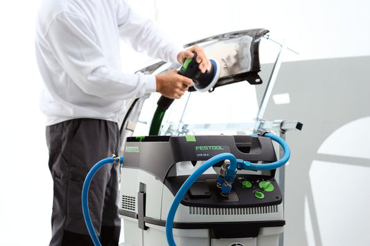 Festool Druckluftmodul DL CT 36 E Anwendung mit Absauganlage und Druckluftschleifer in Betrieb