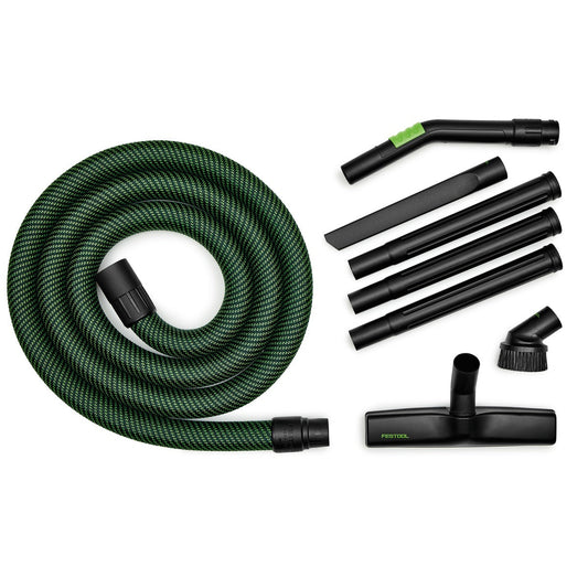 Festool RS-HW D 36-Plus Handwerker-Reinigungsset mit grünem Saugschlauch, Verlängerungsrohren, Bodendüse und Zubehör.
