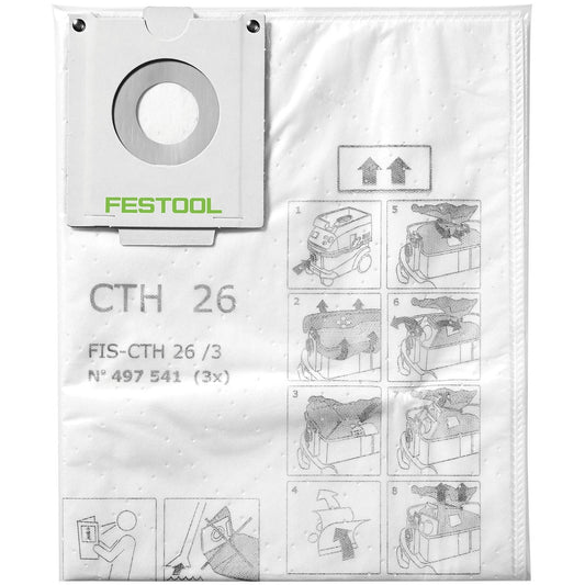 Festool Sicherheitsfiltersack CTH 26 mit Bedienungsanleitung und Verschlusskappe für staubarme Entsorgung.