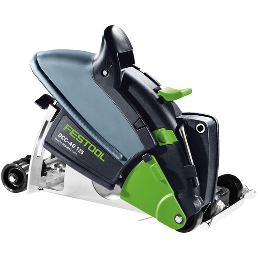 Festool Absaughaube mit transparentem Kunststoffgehäuse, grünem Anschluss und Befestigungsmechanismus für Oberfräsen und