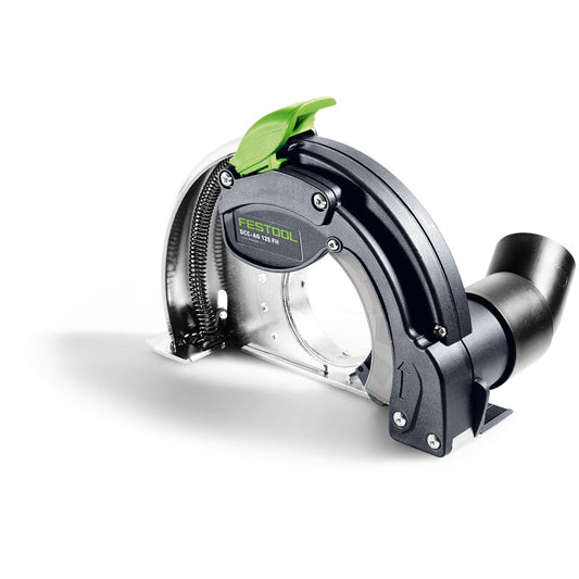 Festool Absaughaube DCE-AS 125 FH mit grünem Hebel und Saugschlauch-Anschluss, Seitenansicht