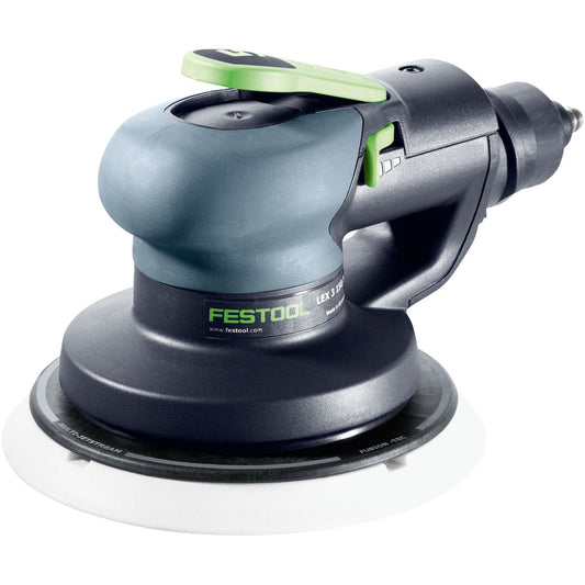 Festool LEX 3 150/7 Druckluft-Exzenterschleifer mit grünem Absaugadapter und rundem Schleifteller
