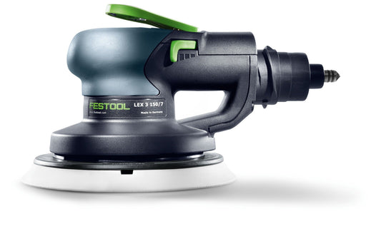Festool LEX 3 150/7 Druckluft-Exzenterschleifer mit 150mm FUSION-TEC Schleifteller und grünem Luftanschluss, Seitenansicht
