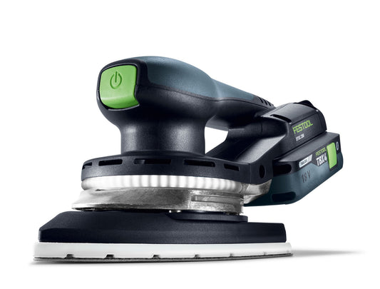 Festool DTSC 200-Basic Akku-Deltaschleifer mit grünem An-/Aus-Schalter und 18 V Akku, Frontalansicht