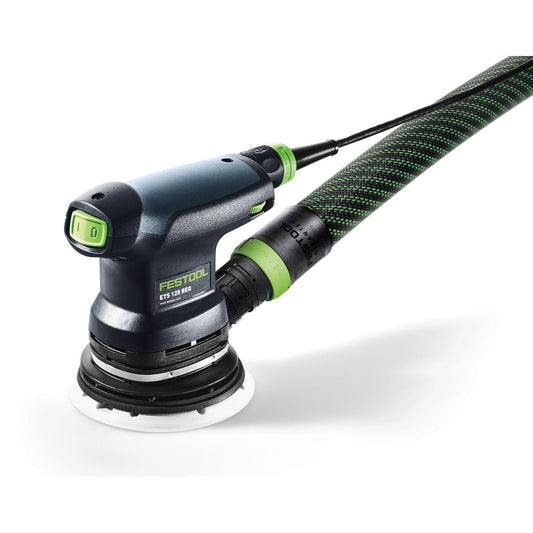 Festool Exzenterschleifer ETS 125 REQ-Plus mit 125 mm Schleifteller, Absaugschlauch und grünem Drehzahlregler