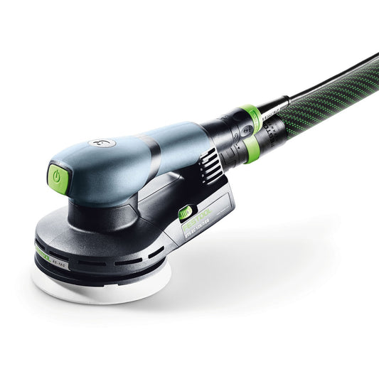 Festool Exzenterschleifer ETS EC 125/3 EQ-Plus mit Schleifteller, Absaugschlauch und grünem Vibrationsschutz, Hauptansicht.