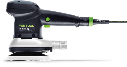 Festool ETS 150/5 EQ Exzenterschleifer mit Schleifteller, Absauganlage und Stromkabel Seitenansicht.