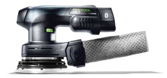 Festool ETSC 125 Akku-Exzenterschleifer mit 125 mm Schleifteller, Griff und Li-Ion Akkupack seitliche Ansicht.