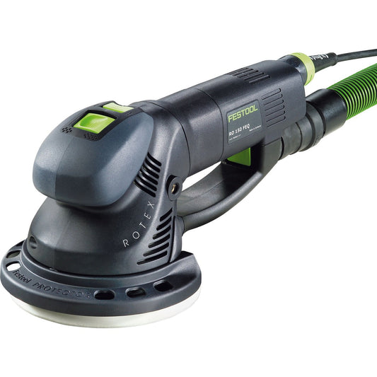 Festool ROTEX RO 150 FEQ-Plus Getriebe-Exzenterschleifer mit grünem Absaugschlauch und Schleifteller Ø 150 mm