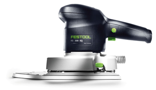 Festool RS 300 EQ Elektroschliff mit weißem Schleifteller und grünen Bedienknöpfen, Seitenansicht