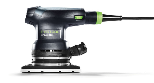 Festool RTS 400 REQ Einhand-Schwingschleifer mit grünem Schleifschuh, Seitenansicht