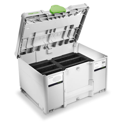 Festool Systainer³ SYS-STF D150 geöffnet mit schwarzen Schleifmittel-Einsätzen und grünem Deckelgriff.