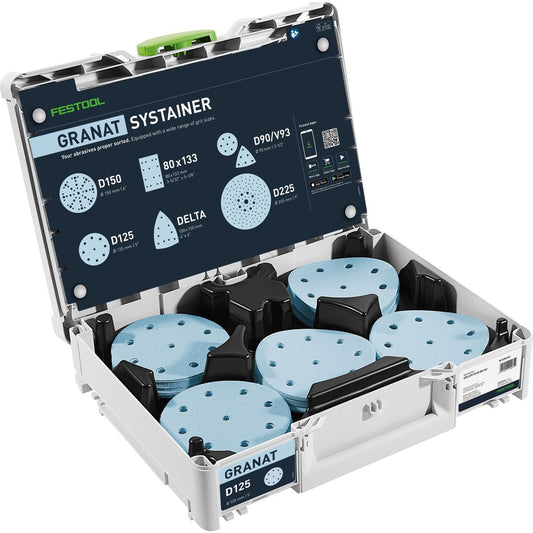 Festool Granat Systainer³ D125 mit 100 Schleifscheiben in fünf Körnungen, sortiert in Fächern, geöffnet.