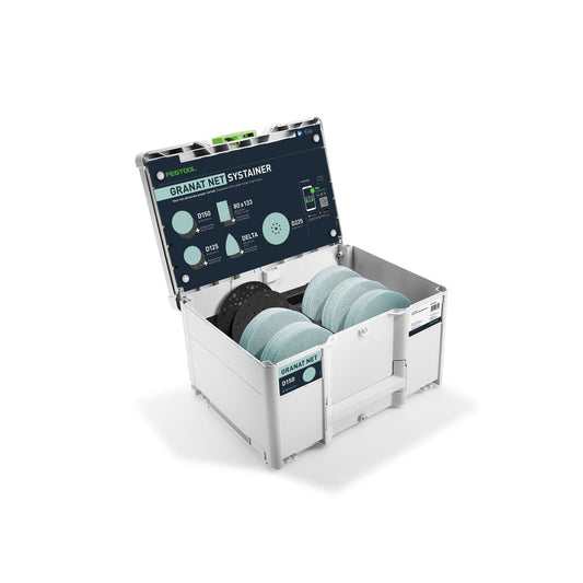 Festool Granat Net Systainer³ D150 mit sortierten Netzschleifscheiben und Protection Pads, geöffnet