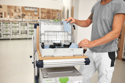 Festool Systainer³ Granat mit Schleifstreifen 80x133, offene Schubladen mit sortierten Körnungen P60-P220