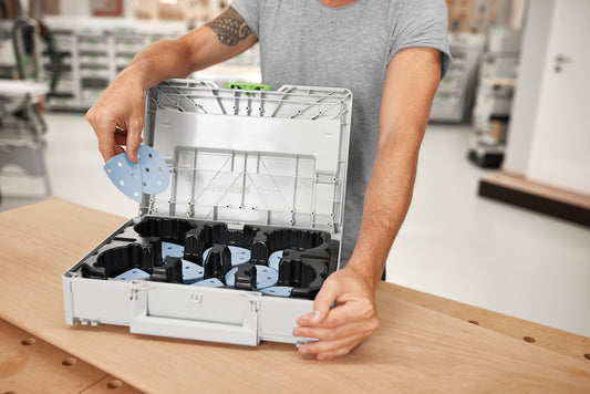 Festool Systainer³ Schleifmittel-Set mit Granat Schleifscheiben D90 und Delta-Schleifscheiben V93 geöffnet