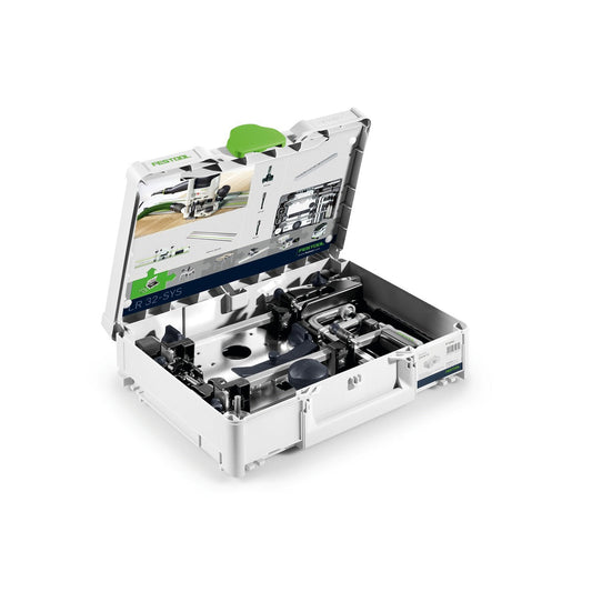 Festool Lochreihenbohr-Set LR 32-SYS im geöffneten Systainer mit Bohrvorrichtung und Zubehör