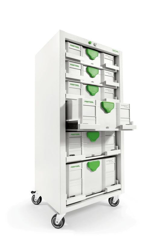 Festool Systainer-Port mit grünen Rollen und Feststellbremse für mobile Werkstattorganisation