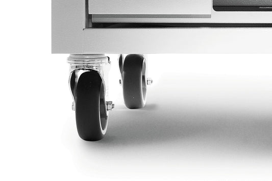 Festool SYS-PORT R/2 Rollensatz mit zwei kugelgelagerten Gelenkrollen und Feststellbremse, Untersicht.