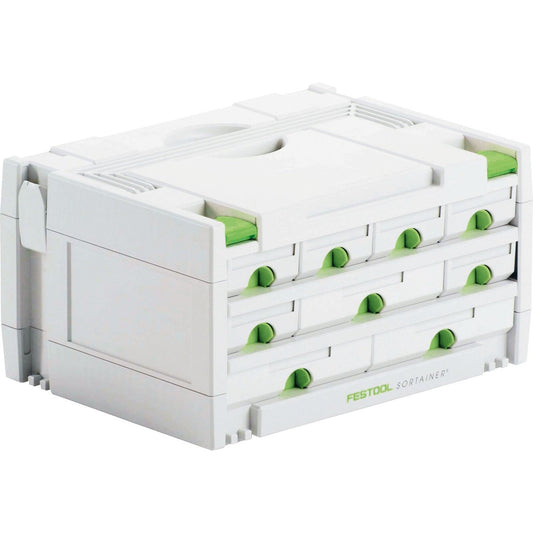 Festool SORTAINER SYS 3-SORT/9 Schubladen-Organizer mit 9 ausziehbaren Schubladen in Weiß-Grün für Kleinteile und Zubehör