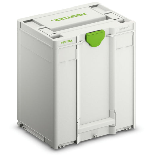Festool Systainer³ SYS3 M 437 Transportkoffer weiß mit grünem T-LOC Verschluss, Ansicht von vorne