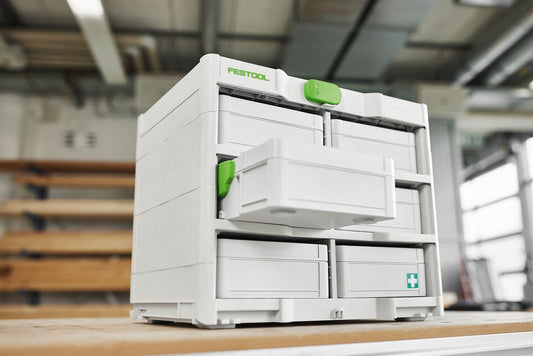 Festool Systainer³ Rack SYS3-RK/6 M 337 mobiles Ordnungssystem mit 6 Mini-Systainern, grüne Griffe, Werkstatt.