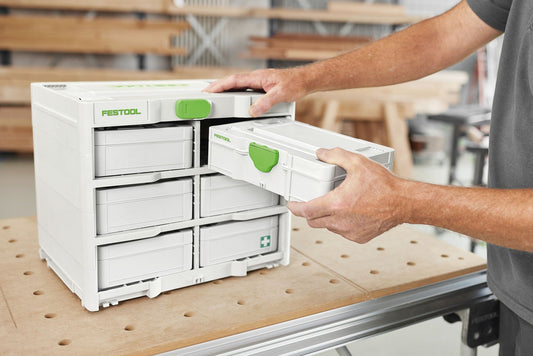 Festool Systainer³ Rack SYS3-RK/6 M 337 mit Mini-Systainern, grüne Federmechanismus-Griffe sichtbar