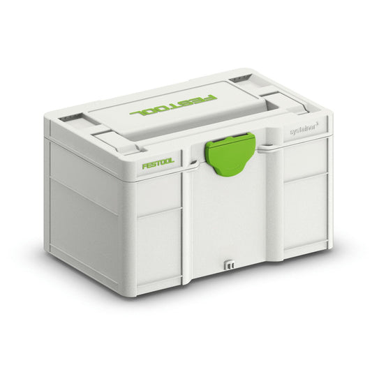 Festool Systainer³ SYS3 S 147 Kunststoffkoffer weiß mit grünem T-LOC Verschluss und Tragegriff