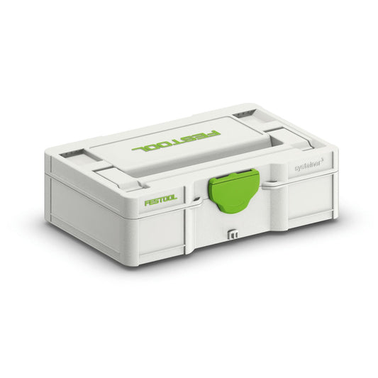 Festool Systainer³ SYS3 S 76 Aufbewahrungsbox mit grünem Verschluss, geschlossen, Hauptansicht.